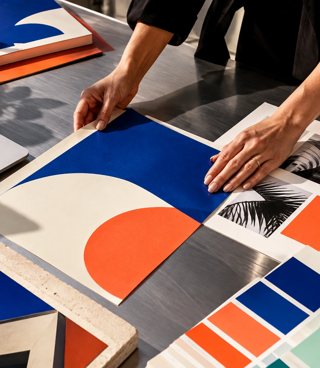 Graphic design materials and color studies arranged on a creative workspace