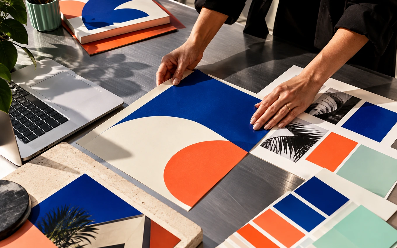 Creative layout boards and print design materials on a work table